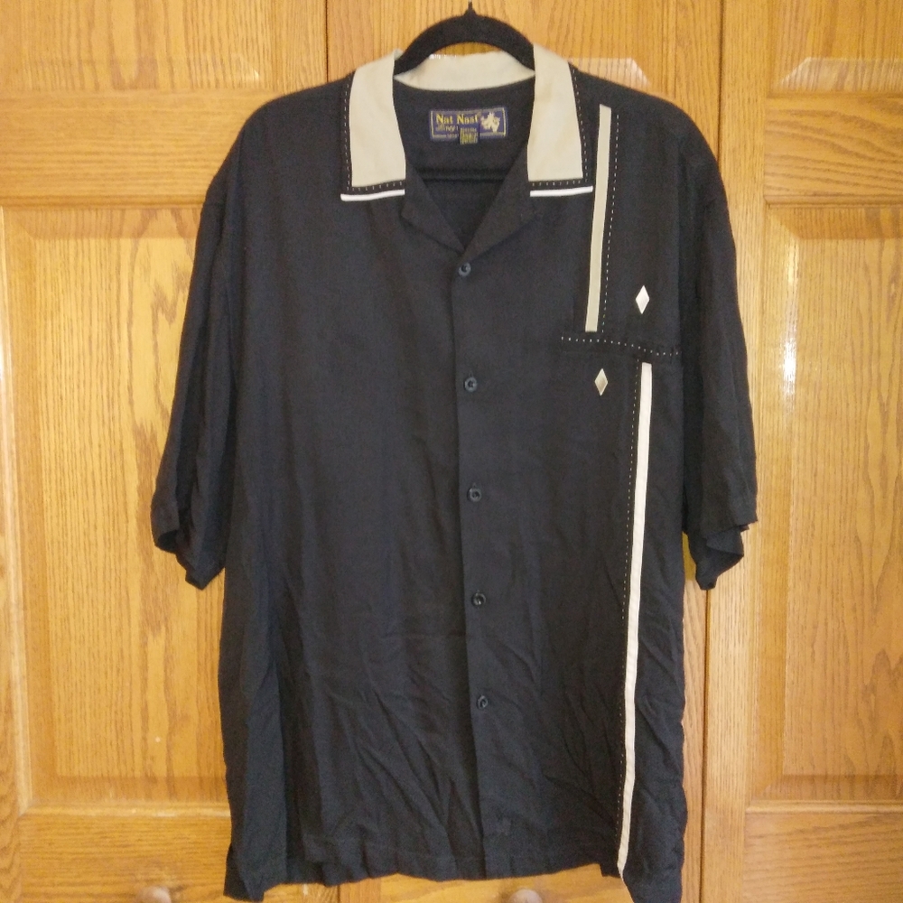 Vintage Nat Nash Men's Bowling Shirt, 100% Silk, Size XL, Black Contrast Collar